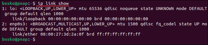 Print network interfaces with the ip command.